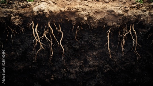 Close-up view of plant roots in rich soil, showing detailed root system and earth texture