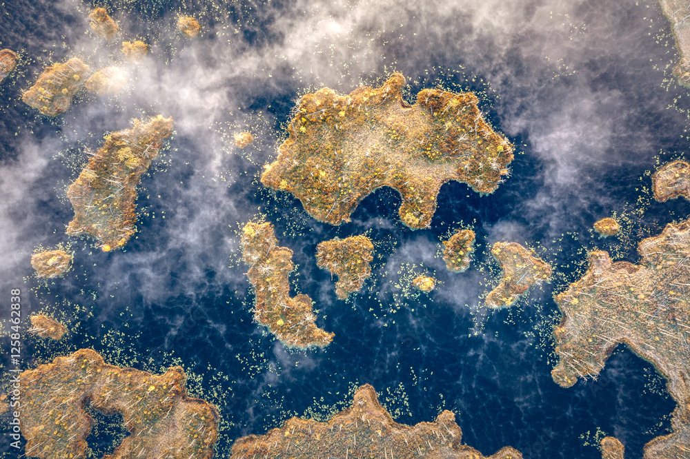 Drone panorama on tiny isles in lake in colorful sunrise colors. Top down view on swamp with isle. Sustainable ecosystem of wetlands.