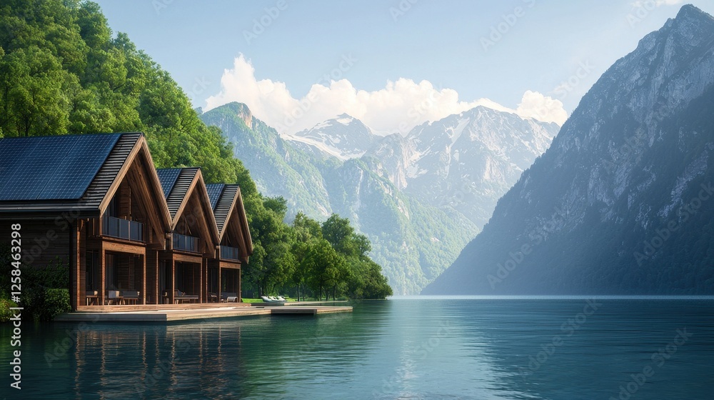 Fototapeta premium Tranquil Lakeside Cabins Against Majestic Mountain Backdrop