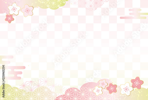 春の桜と和柄 背景 市松模様