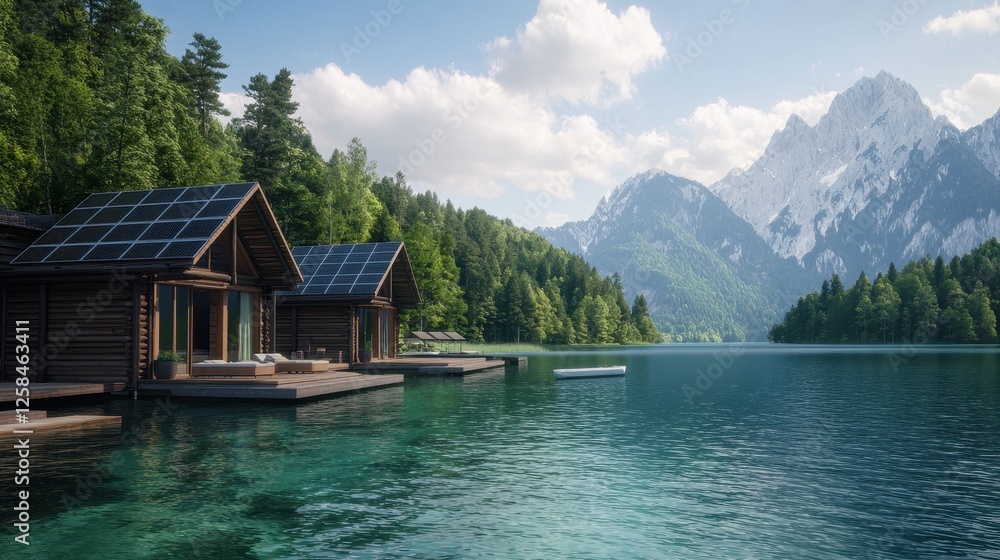 Fototapeta premium Scenic Mountain Retreat with Solar-Powered Cabins by Clear Lake