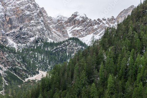 View of steep rocky mountains dusted with snow and surrounded by vibrant evergreen forests in the dramatic alpine landscape of South Tyrol Italy photo