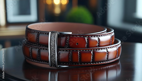 Brown Leather Belt on Wooden Table, Elegant Accessory,  Luxury Style, Use in Catalog or Advertisement photo