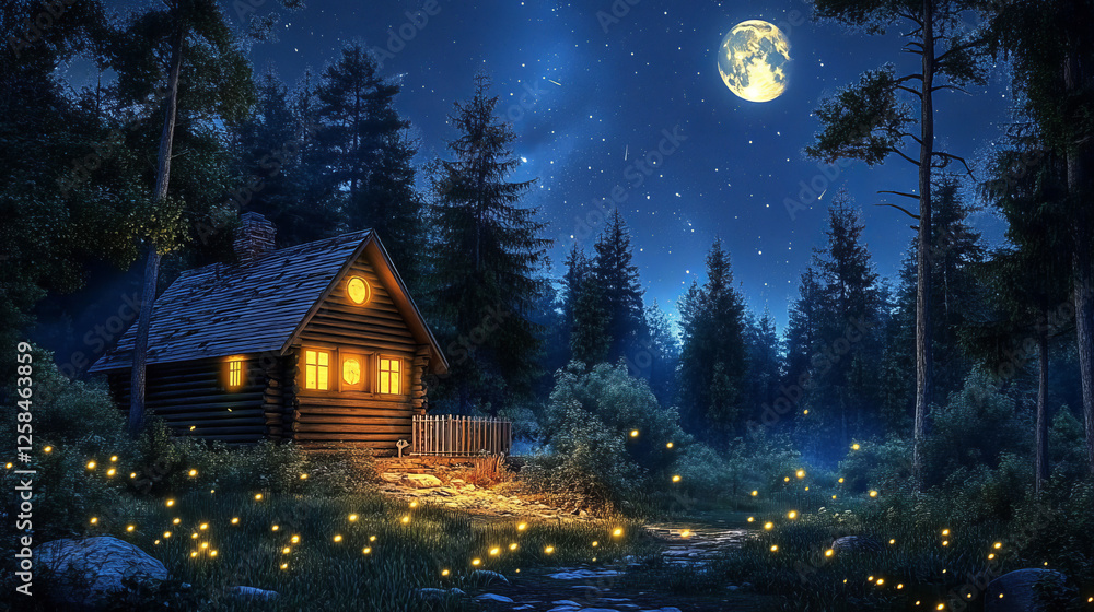 Fototapeta premium Cartoon summer night landscape with wooden house in forest near mountains under starry sky with clouds and full moon. Cozy cabin made of wood with light in windows surrounded by trees and fireflies.