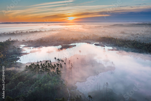Obraz na płótnie Drone panorama on tiny isles in lake in colorful sunrise colors. Top down view on swamp with isle. Sustainable ecosystem of wetlands. w salonie