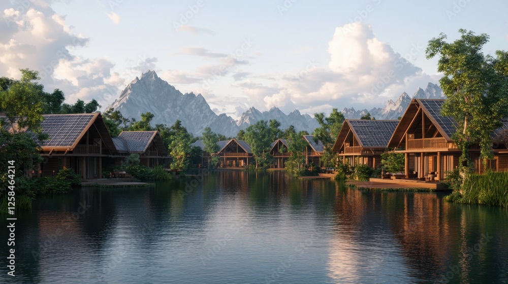 Fototapeta premium Scenic Mountain Resort with Wooden Cabins and Serene Lake View