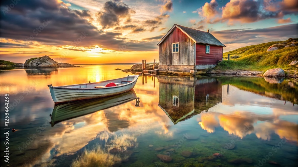 Fototapeta premium Surreal Fogo Island Fishing Rowboat: Wooden Boathouse Dreamscape