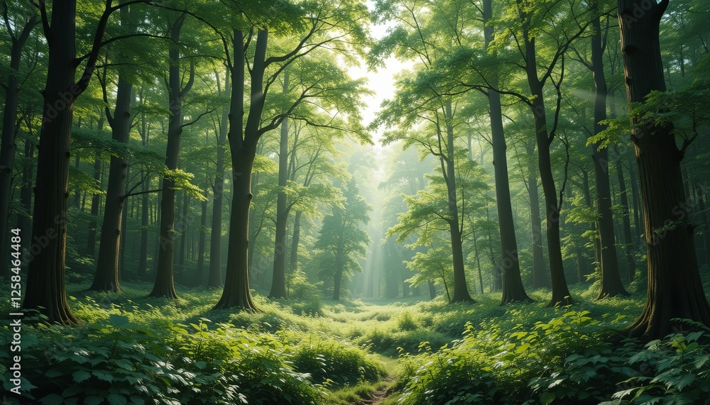 Obraz premium Sunlight through trees forest nature photography lush environment eye level serenity