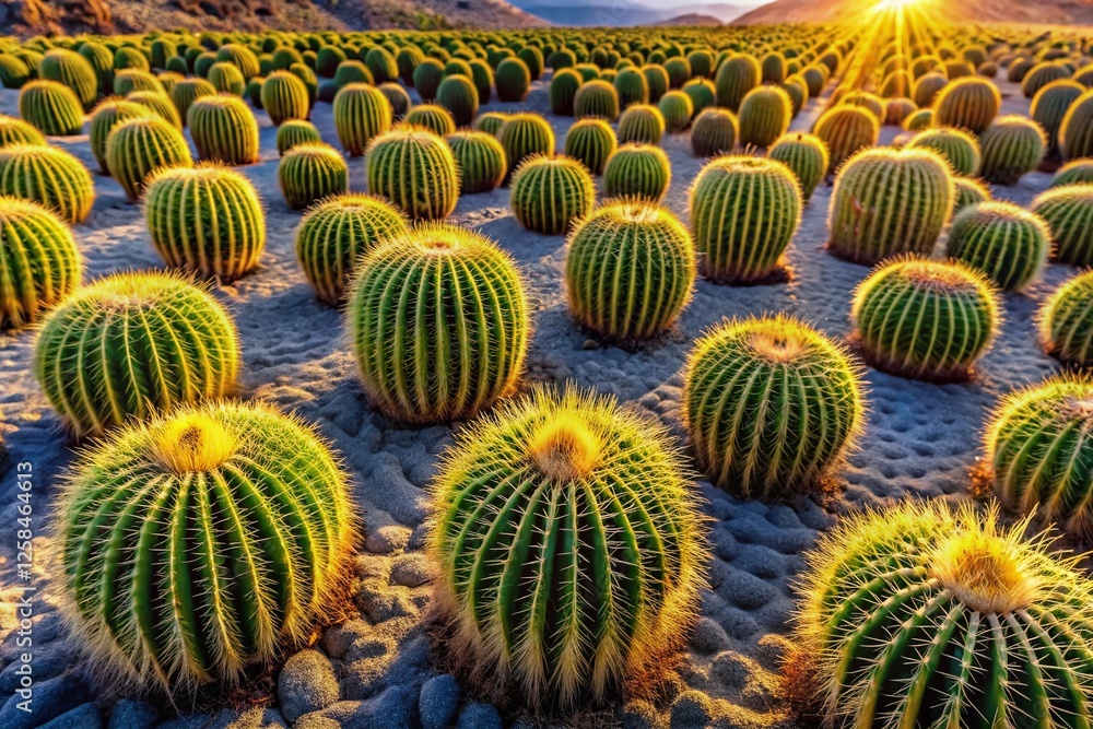 Aerial View of Echinocactus Grusonii Cactus Garden, Desert Landscape, Succulent Plants Aerial View of Echinocactus Grusonii Cactus Garden, Desert Landscape, Succulent Plants