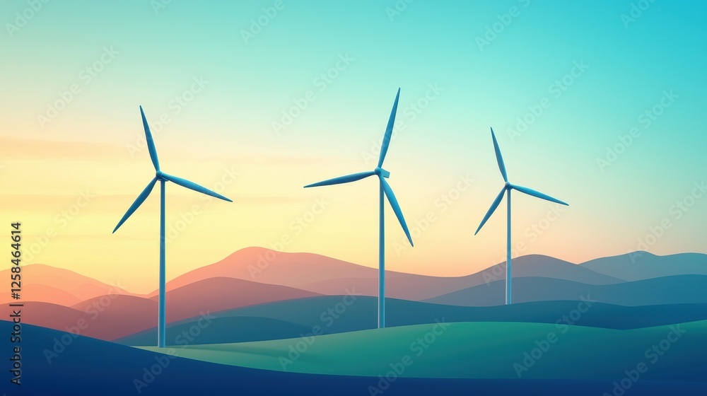Obraz premium Tranquil Landscape with Wind Turbines Under Sunset Sky