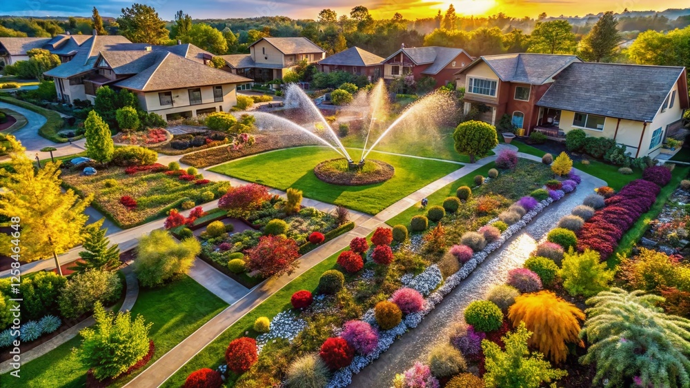 Aerial View of Eco-Friendly Water Saving Techniques in a Lush Green Landscape Aerial View of Eco-Friendly Water Saving Techniques in a Lush Green Landscape