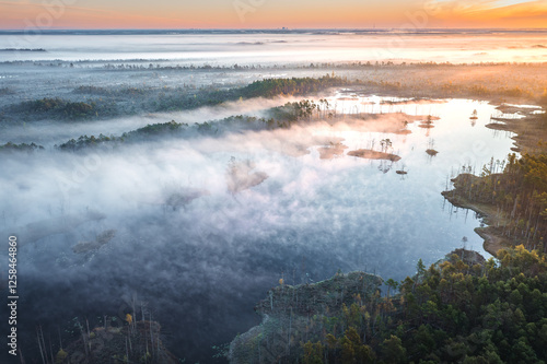Drone panorama on tiny isles in lake in colorful sunrise colors. Top down view on swamp with isle. Sustainable ecosystem of wetlands.