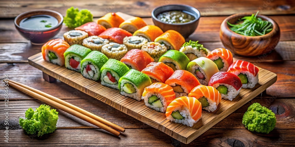 Aerial View of Exquisite Sushi Platter on Rustic Wood Aerial View of Exquisite Sushi Platter on Rustic Wood