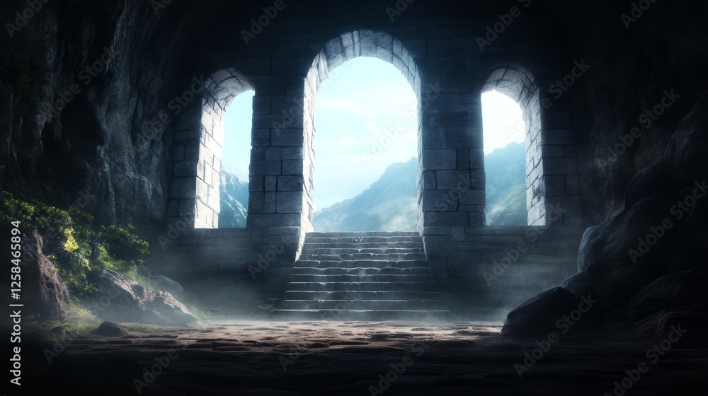 Mysterious stone staircase leading to a breathtaking mountain view. Light streams through arched openings, illuminating the path ahead. Mysterious stone staircase leading to a breathtaking mountain view. Light streams through arched openings, illuminating the path ahead.