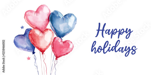 Watercolor heart-shaped balloons png. Watercolor foil balloons in the shape of a heart on a string with the inscription "Happy Holidays". Elements for the concept of celebration and gifts. 