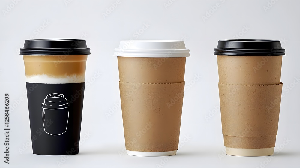 Three coffee cups in different designs and colors on a white background Three coffee cups in different designs and colors on a white background