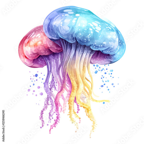 Watercolor bright jellyfish png. Blue and pink jellyfish with long tentacles on isolated background. Underwater animals concept. Sea and ocean inhabitants. Evening illustration.