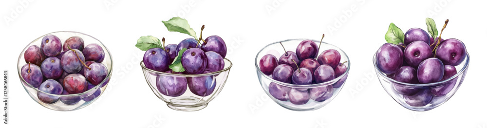 Obraz premium Watercolor set of plums in a glass transparent bowl png. Purple juicy plums with green leaves stacked in a glass transparent plate. Summer juicy fruits. Fruits and berries concept. 