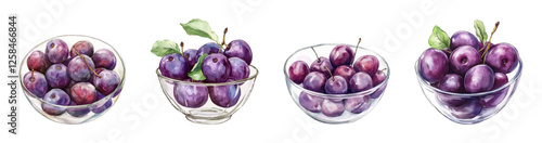 Watercolor set of plums in a glass transparent bowl png. Purple juicy plums with green leaves stacked in a glass transparent plate. Summer juicy fruits. Fruits and berries concept. 