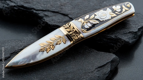 Ornately designed luxury knife with mother-of-pearl handle and floral gold accents displayed on textured black stones photo