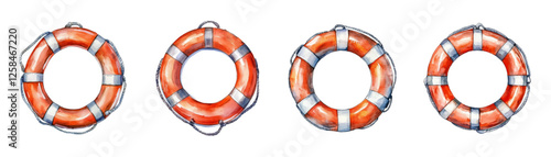 Set of watercolor lifebuoys png. Vintage lifebuoys for water with ropes. Concept of rescue, safety, swimming etc. Vector illustration.