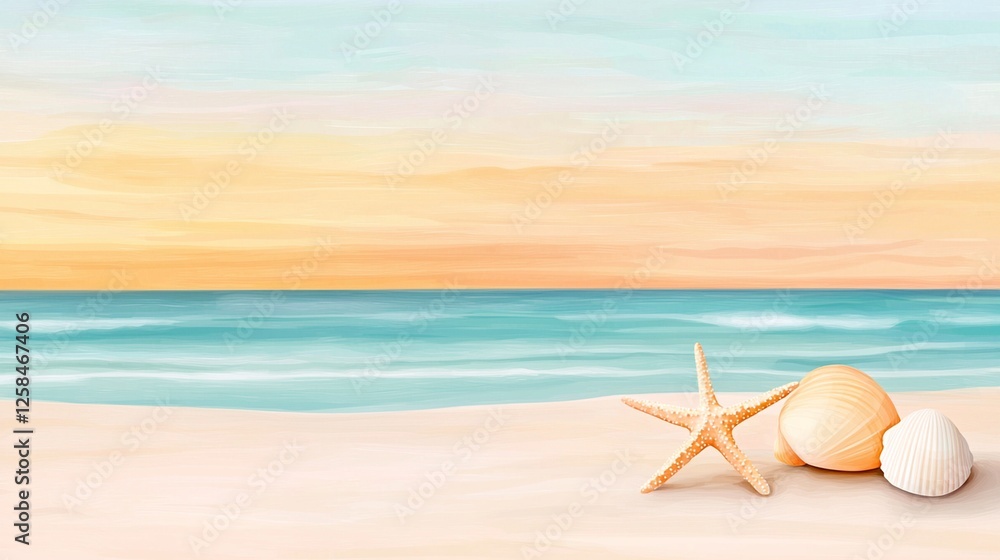 Watercolor landscape scenery concept. Serene beach scene with seashells and a pastel sunset over calm waters. Watercolor landscape scenery concept. Serene beach scene with seashells and a pastel sunset over calm waters.