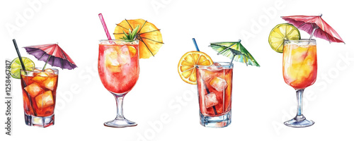 Watercolor set of mix summer cocktails png. Cocktails with fruits and ice cubes decorated with cocktail umbrella with straw and slice of citron fruit. Summer cold drinks.