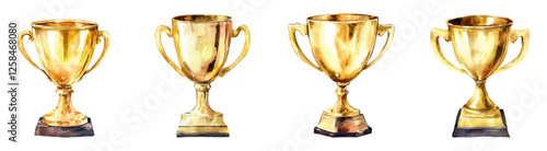 Watercolor set of winner's cups png. Golden cups trophies on a stand in watercolor style. Concept of awarding and victory. Symbolism of victory from competitions.