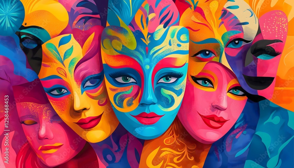 Fototapeta premium An artistic illustration of multicolored theatrical masks
