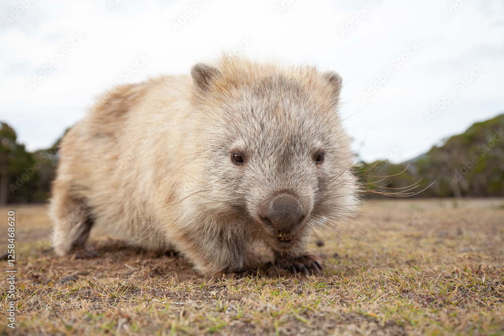 Wild Wombat Australia Tasmania Marsupial.
Close-up from the right. Wild Wombat Australia Tasmania Marsupial.
Close-up from the right.