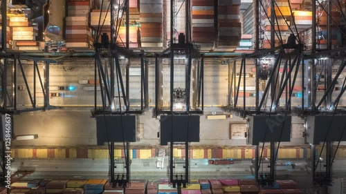 Aerial hyperlapse timelapse of cargo ship loading and unloading with crane at night. Industrial shipyard, containers, car traffic, freight transportation, International business logistics industry. 