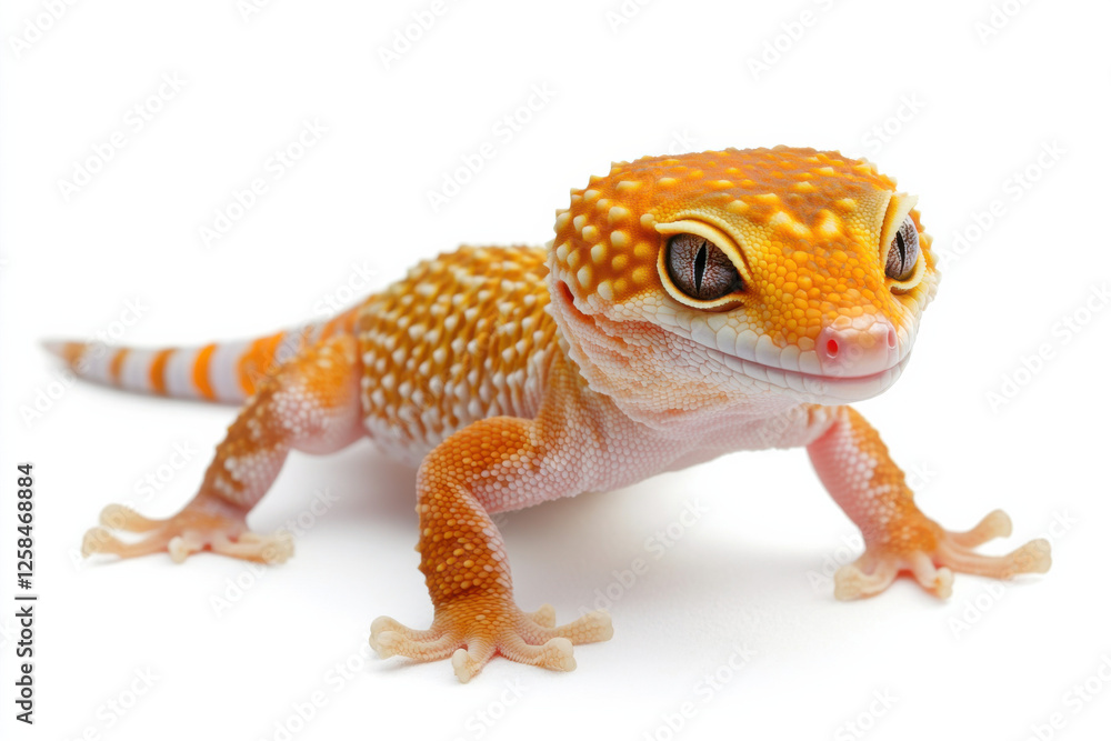 Naklejka premium Leopard gecko with unique spotted skin, standing on white to capture exotic appeal