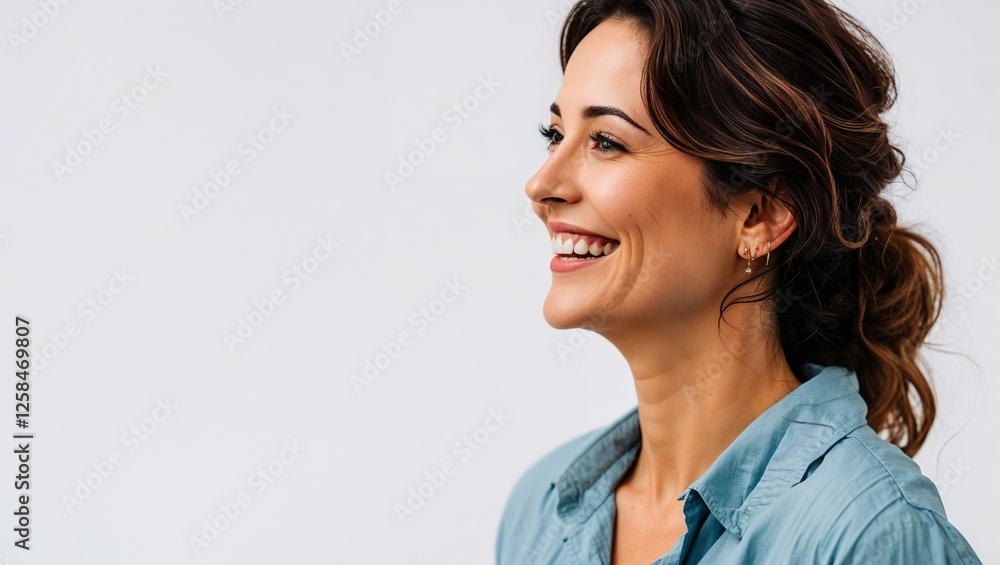 Closeup Portrait of Happy Young Lady Women with Smile Face Side View isolated on white background, Copy space for text and advertisement. Closeup Portrait of Happy Young Lady Women with Smile Face Side View isolated on white background, Copy space for text and advertisement.