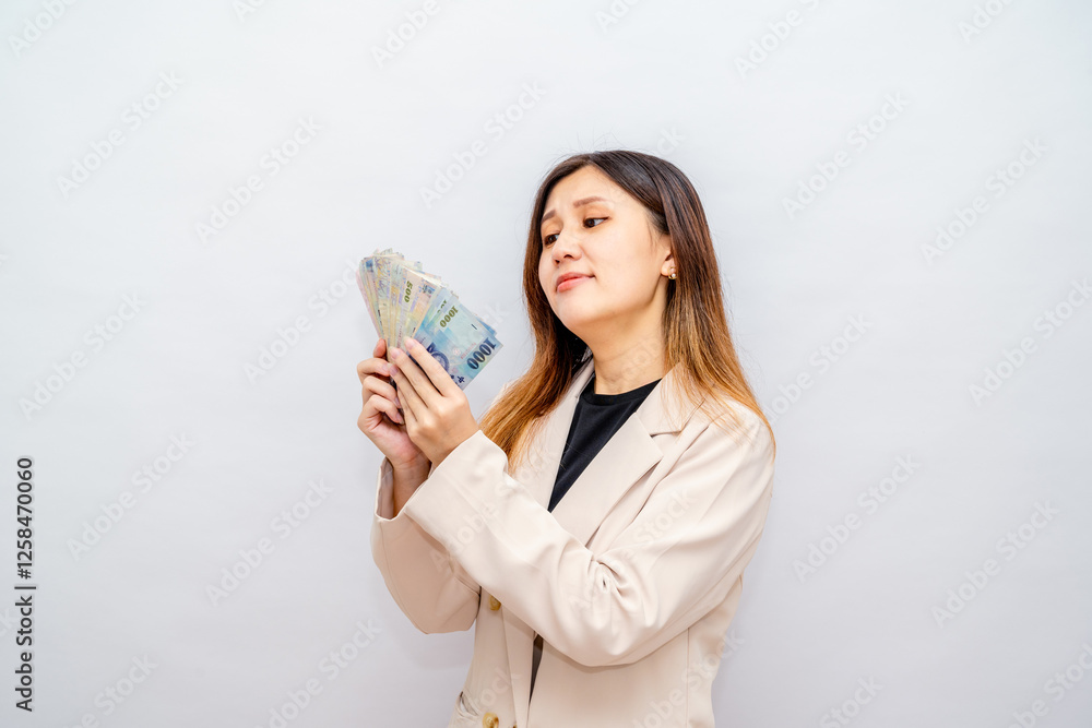 Taiwan Excited woman Holding a Stack of Cash – Financial Success and Wealth,Lucky Winner with a Large Amount of Money Salary, Bonus, and Financial Reward Taiwan Excited woman Holding a Stack of Cash – Financial Success and Wealth,Lucky Winner with a Large Amount of Money Salary, Bonus, and Financial Reward