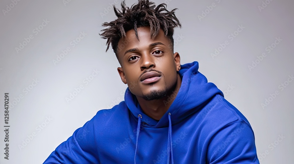 Naklejka premium Stylish young man in blue hoodie poses confidently against a plain background showcasing contemporary urban fashion trends