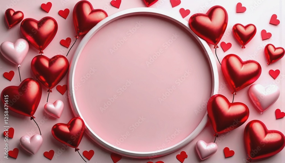 Artistic Valentine's Day background with elegant circular frame and floating heart balloons Artistic Valentine's Day background with elegant circular frame and floating heart balloons
