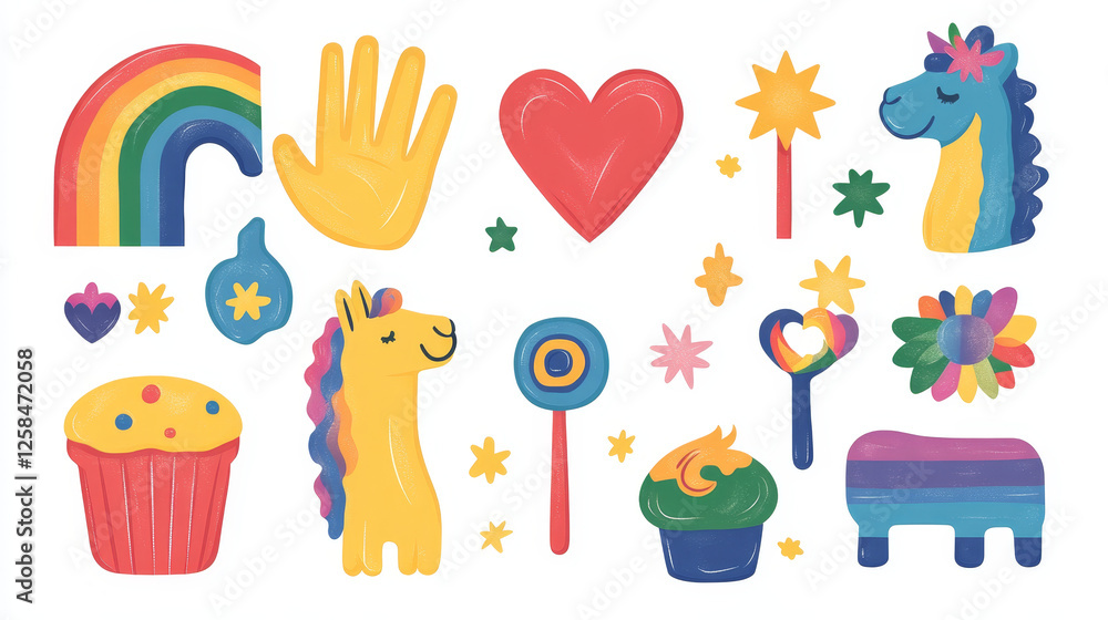 Obraz premium LGBTQ community pride icons set isolated on white background. Contemporary vector cartoon illustration of rainbow flag, hand holding red heart, color lama, gender symbols, star, key, muffin signs