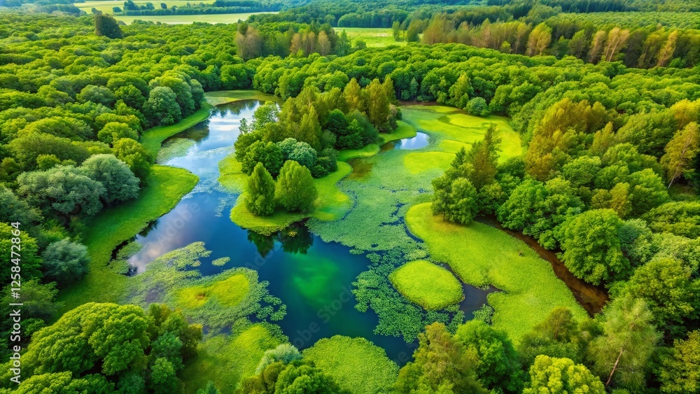 Aerial View of Lush Green Swamp with Duckweed-Covered Pond Aerial View of Lush Green Swamp with Duckweed-Covered Pond