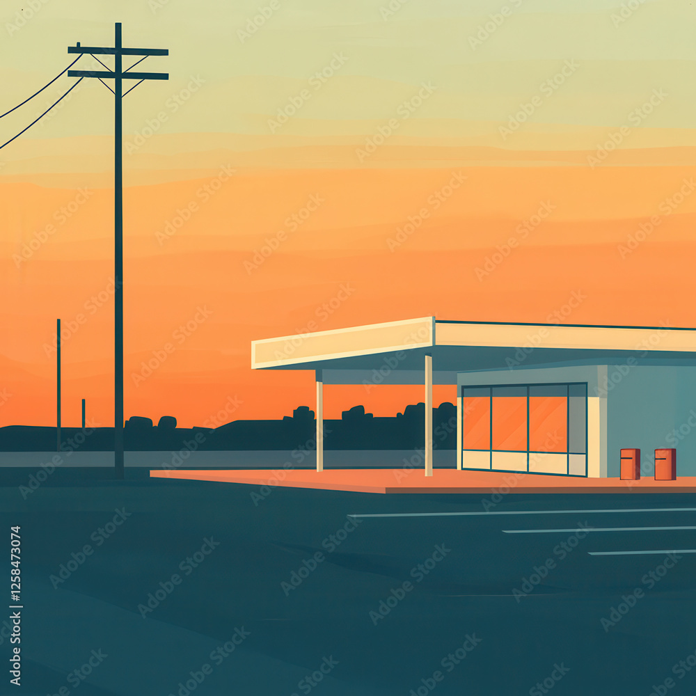 Minimalist gas station at sunset with warm tones Minimalist gas station at sunset with warm tones