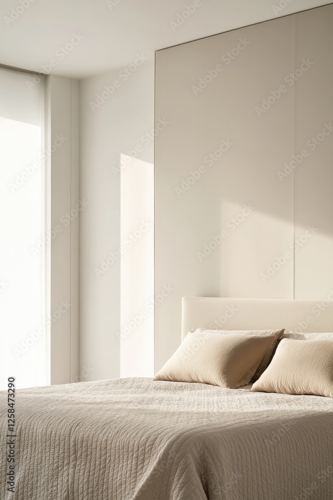 Fototapeta premium Minimalist bedroom design features soft bedding and natural ligh