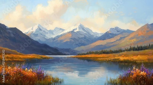 Serene Mountain Landscape with Lake and Colorful Wildflowers in Spring