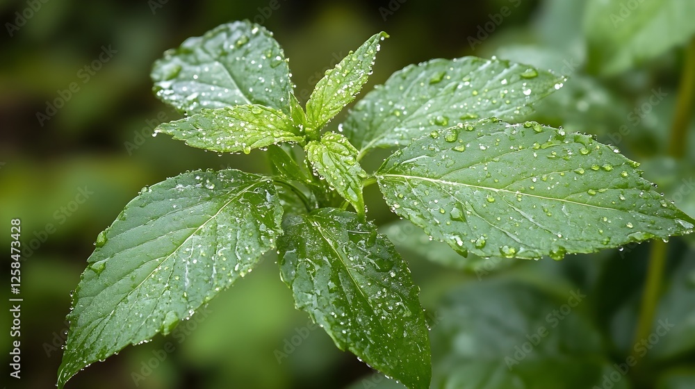 Fresh Mint Leaves with Water Droplets: Vibrant Green Foliage in a Natural Garden Setting Fresh Mint Leaves with Water Droplets: Vibrant Green Foliage in a Natural Garden Setting