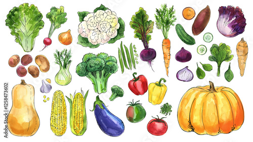 Vegetables in watercolor on a white background. Watercolor, ink. Farm products. Healthy eating.