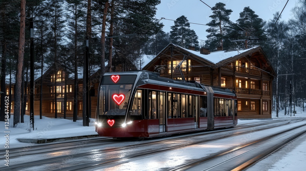 Fototapeta premium A beautifully lit tram glides through a serene, snowy forest, passing charming wooden cabins, all aglow during twilight