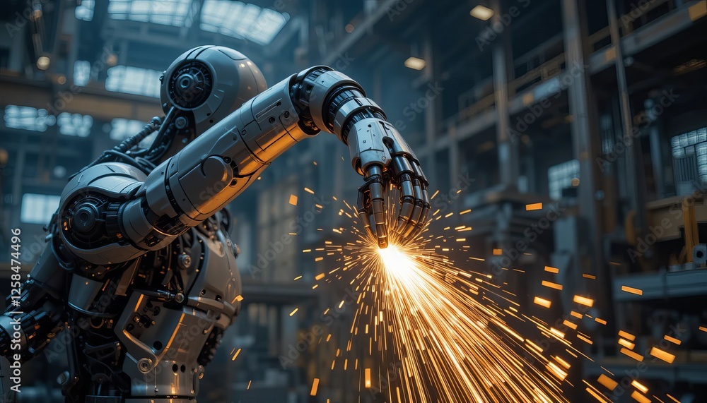 As the robotic arm moves gracefully, sparks fly, symbolizing the intricate dance of modern machinery in steel manufacturing. As the robotic arm moves gracefully, sparks fly, symbolizing the intricate dance of modern machinery in steel manufacturing.