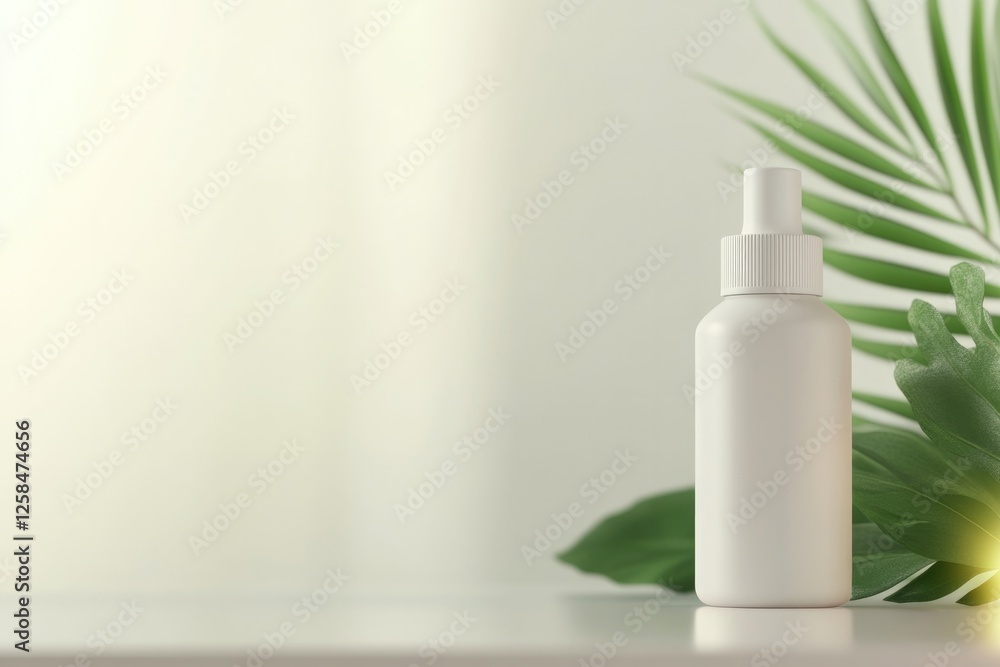 Minimalist design showcases sleek bottle surrounded by lush gree Minimalist design showcases sleek bottle surrounded by lush gree