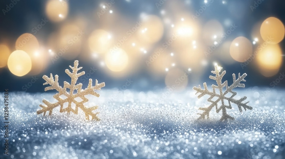 Glimmering Snowflakes on Sparkling Surface with Warm Bokeh Lights Glimmering Snowflakes on Sparkling Surface with Warm Bokeh Lights