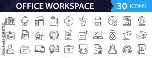 Office workspace set of web icons in line style. Office and coworking icons for web and mobile app. Office, remote working, meeting, co-worker, workspace, desk, computer, business icons and more