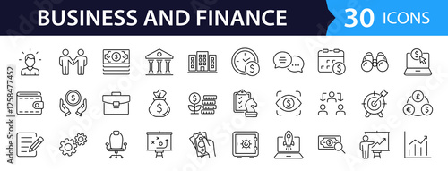 Business and finance set of web icons in line style. Money and business icons for web and mobile app. Money, business process, bank, teamwork, office, payment, management, wallet. Vector illustration