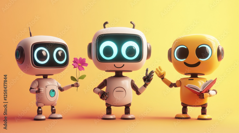 Fototapeta premium Set of cute robot characters isolated on background. Vector cartoon illustration of funny smart bot mascots with led eyes and smile on screen face, holding flower, showing victory sign, reading book